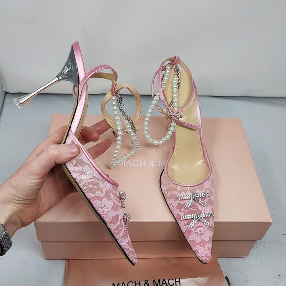 Mach & Mach Mini Bow Pearl Crystal Pink Kitten Lace Pump Heel